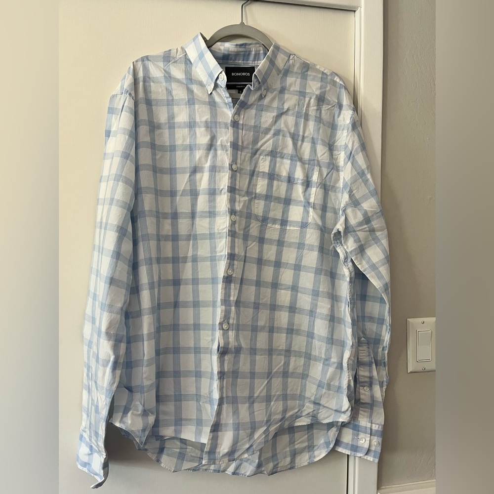 Men’s XL Bonobos Button Up Shirt Light Blue White Plaid 100% Cotton Standard Fit